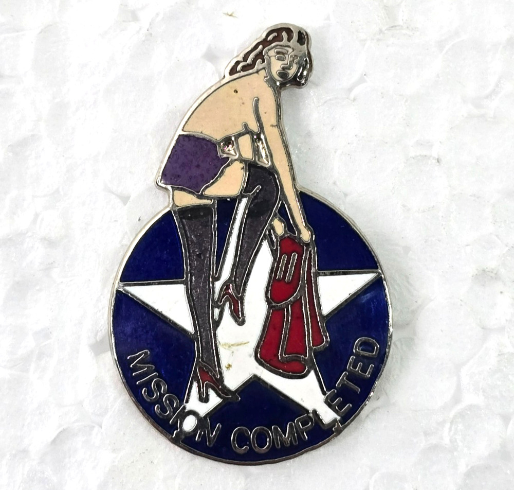 Vtg USAF Army Nose Art Pinup Girl "Mission Completed" Lapel Hat Pin Tie Tac WWII